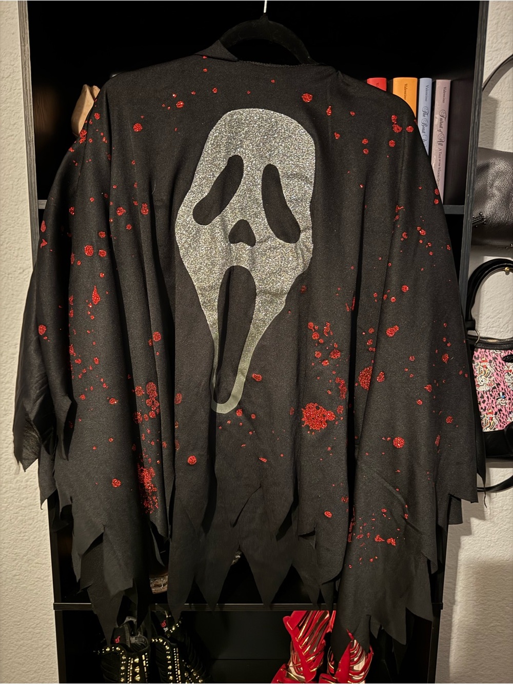 Black Halloween Cape with Silver Ghost Face and Red Splatter